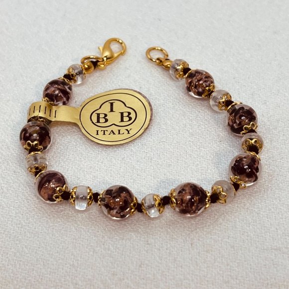 IBB Italy Gold Tone, Brown, Black And Clear Hand Made Venetian Glass Bracelet - Picture 1 of 4